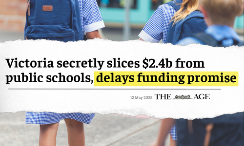 An Age news headline that reads: Victoria secretly slices $2.4bn from public schools, delays funding promise