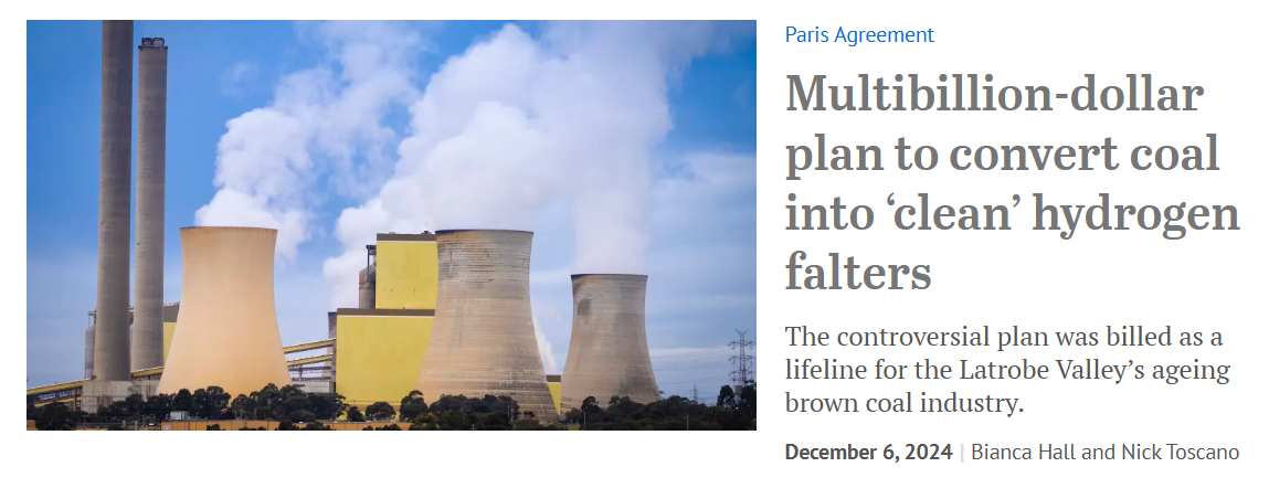 Headline from the Age reads Multidollar plan to coal in to 'clean' hydrogen falters