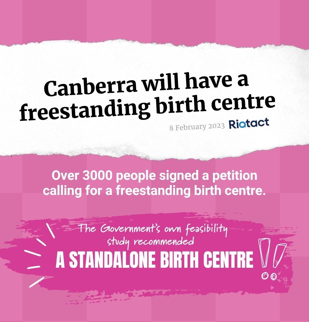 "Canberra will have a freestanding birth centre - 8 Feb 23, Riotact" Over 3,000 people signed a petition for a freestanding birth centre, and the Government's own feasibility study recommended a standalone birth centre.