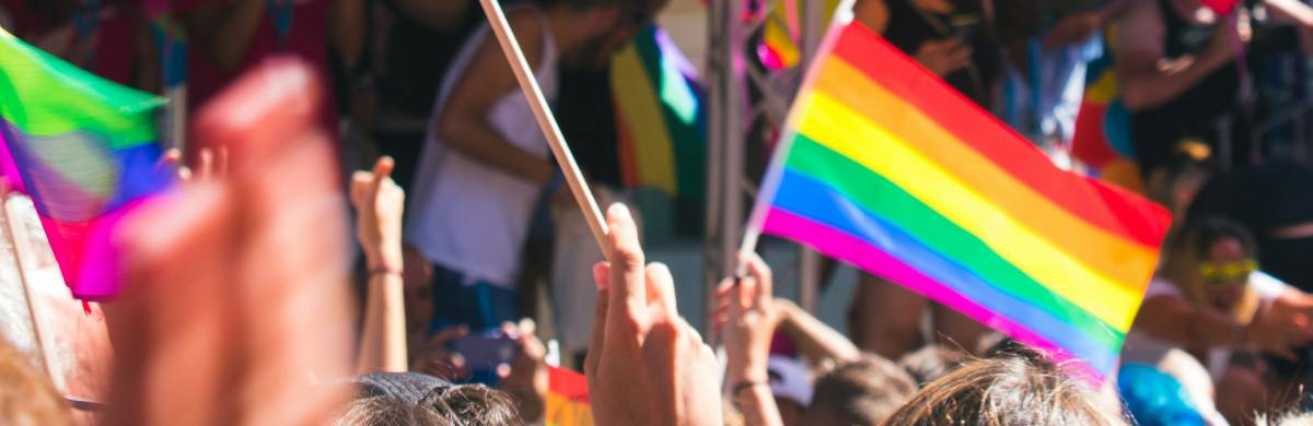 Pride flags waved overhead during a crowded parade.