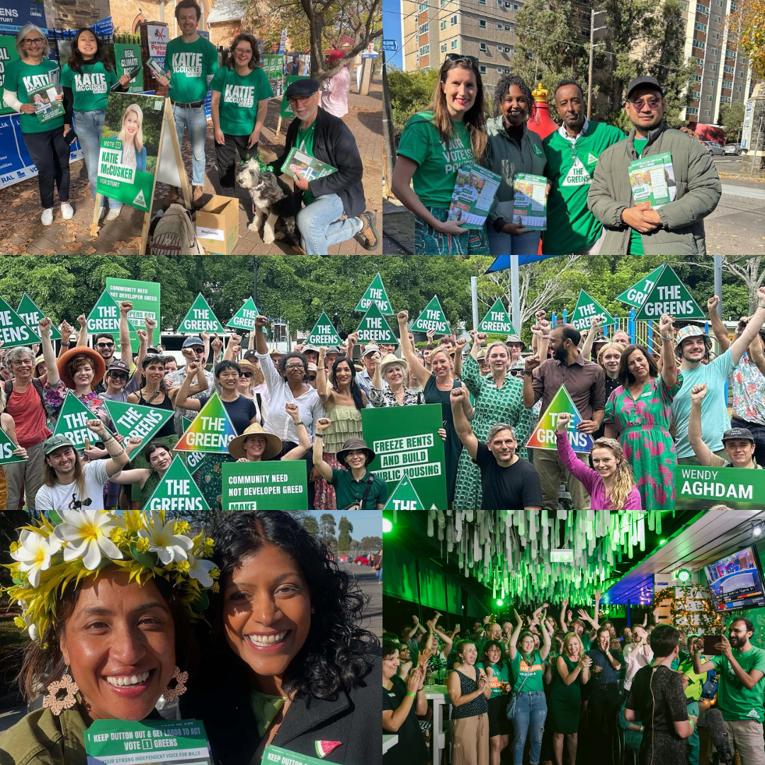 Collage of pictures, Greens volunteers out in public smiling at polling booths and events. 