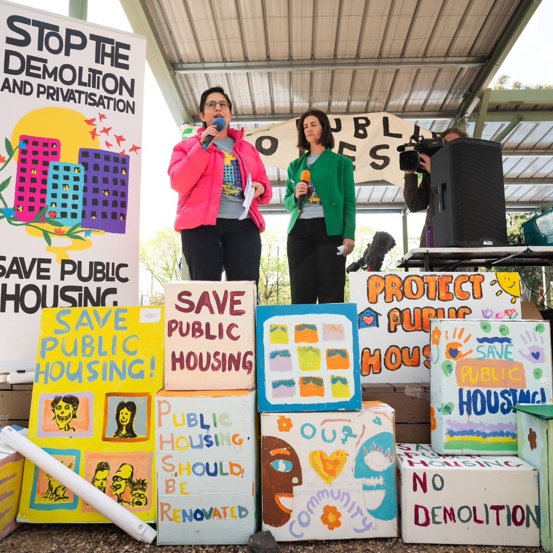 Gabrielle De Vietri and Ellen Sandell at save public housing demonstration