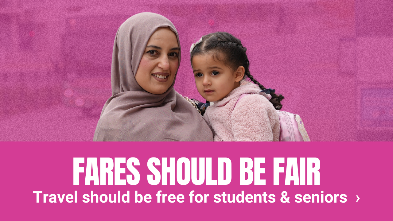 &quot;Fares Should be Fair&quot;, Travel should be free for students and seniors. Depicted: a mother and her child at a bus stop.