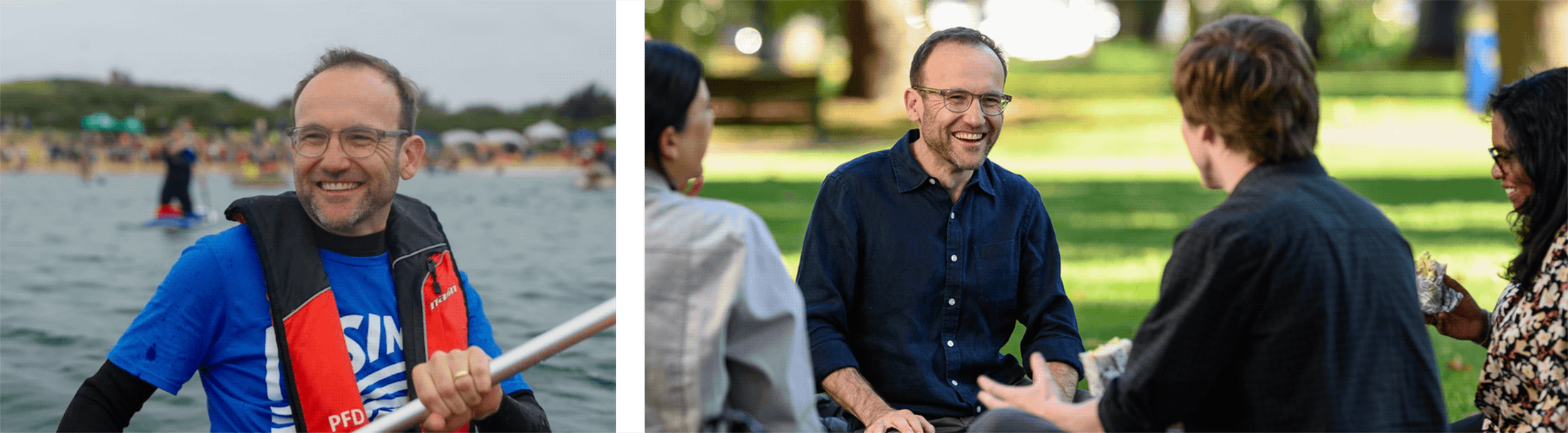 Adam Bandt paddling a kayak at a climate protest in Newcastle, and sitting in a local park chatting with locals