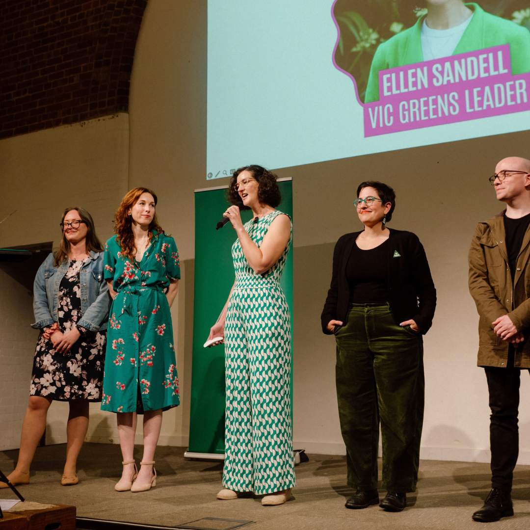 Ellen Sandell speaking on stage with Vic Greens MPs at the campaign launch for the state election in November