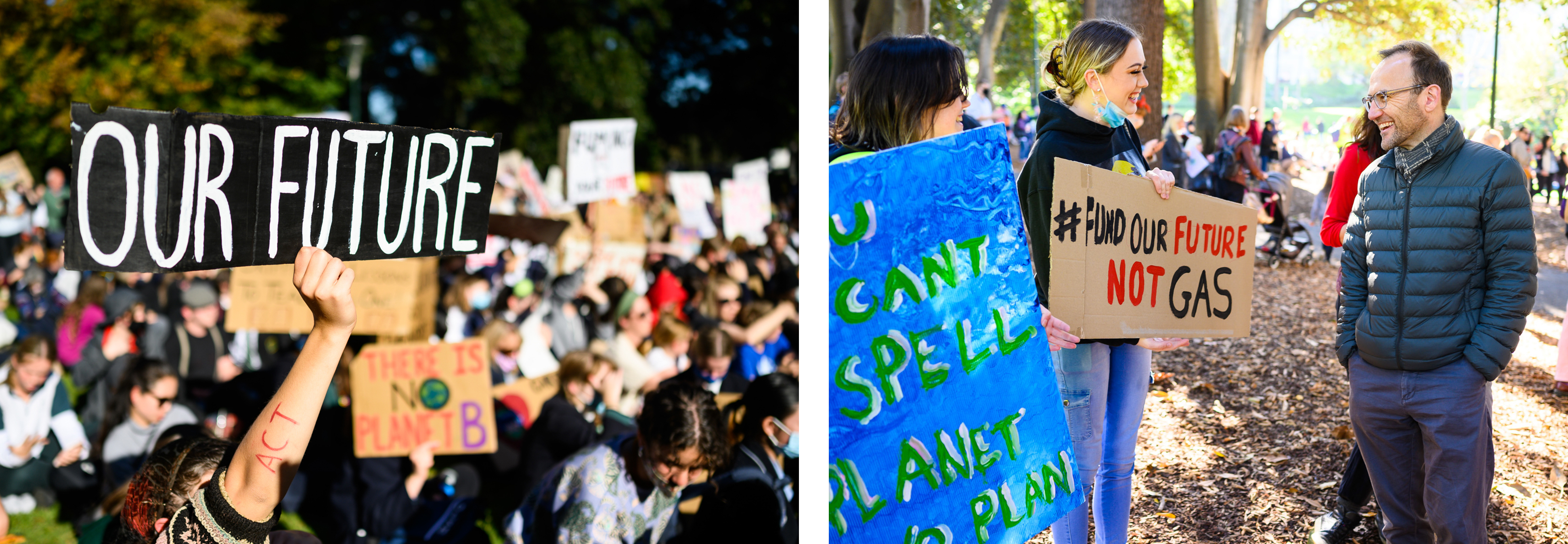 Images of Adam at climate rallies