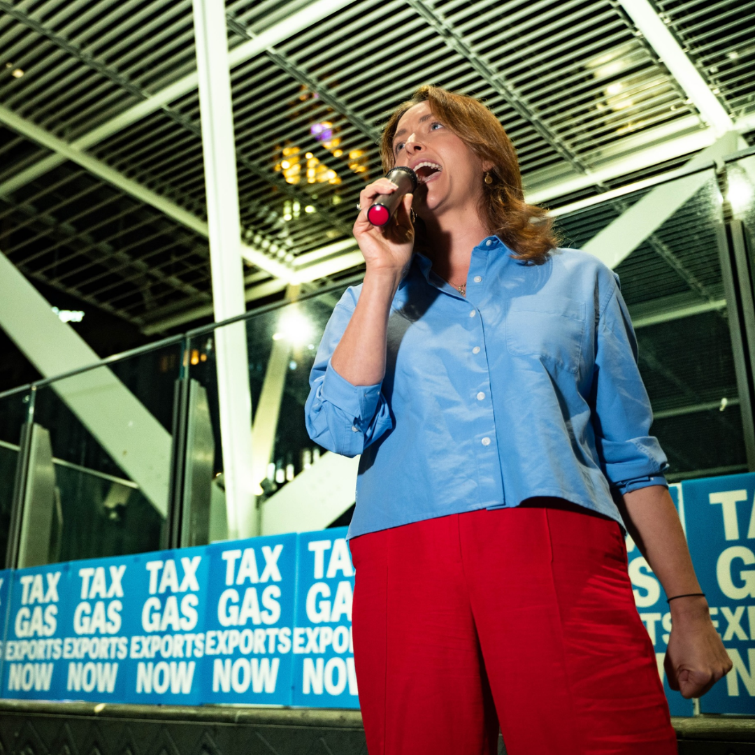 Senator Steph Hodgins-May speaking at rally for a gas exports tax