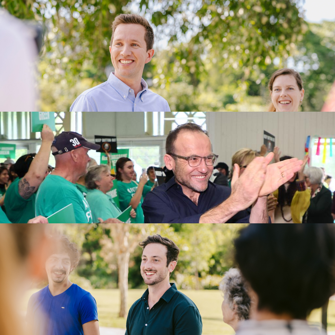 Image of Max Chandler-Mather at the top, Middle image of Adam Bandt and bottom image of Stephen Bates 