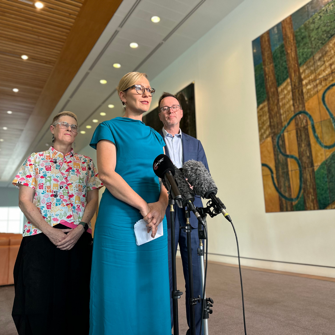 Larissa Waters speaking at a press conference at parliament house