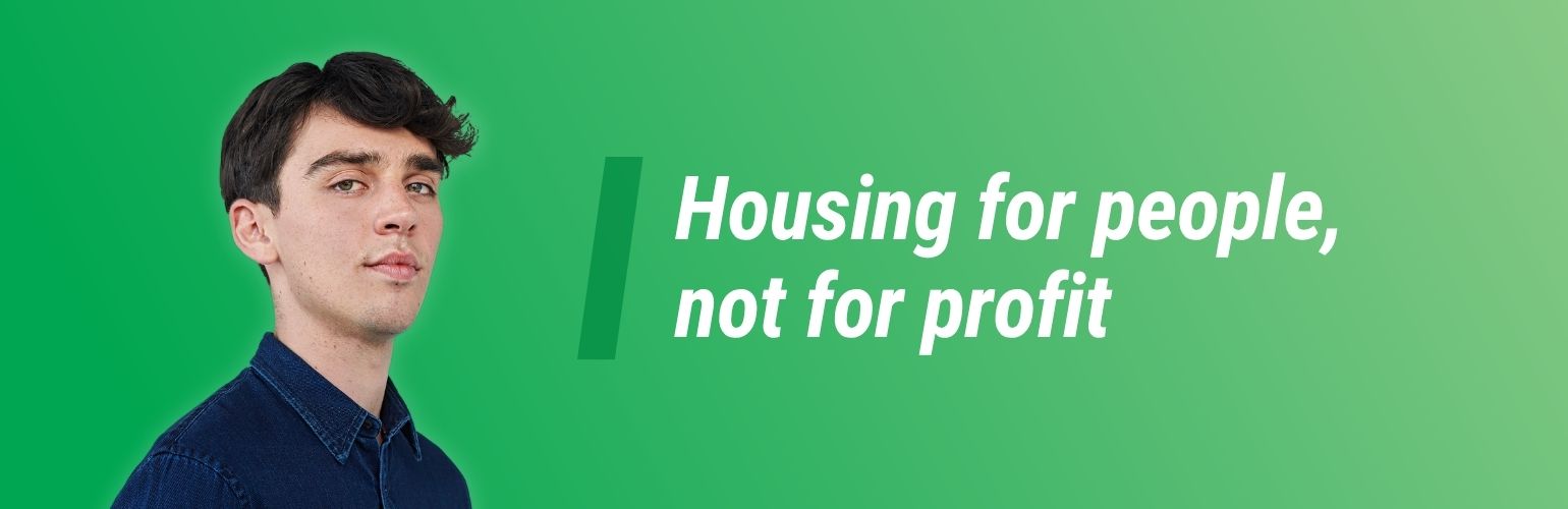 Image shows an individual portrait isolated on a green gradient, with the text "Housing for people, not for profit" beside them.