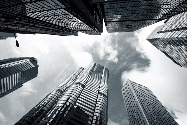 A view of skyscrapers in a city financial district
