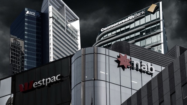 Image of office buildings featuring bank logos