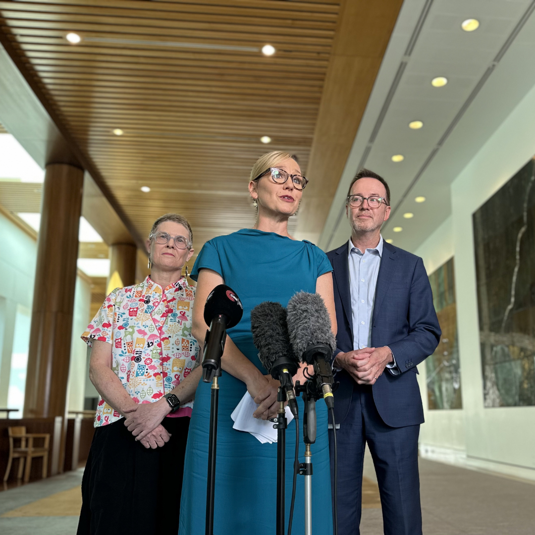 Image of Larissa Waters, David Shoebridge and Penny Allman-Payne speaking at a press conference at Parliament House Canberra