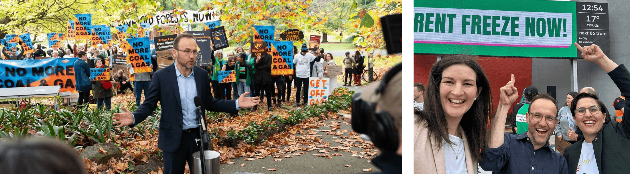 Adam Bandt at a press conference at a climate rally, and with local State MPs Gabrielle de Vietri and Ellen Sandell